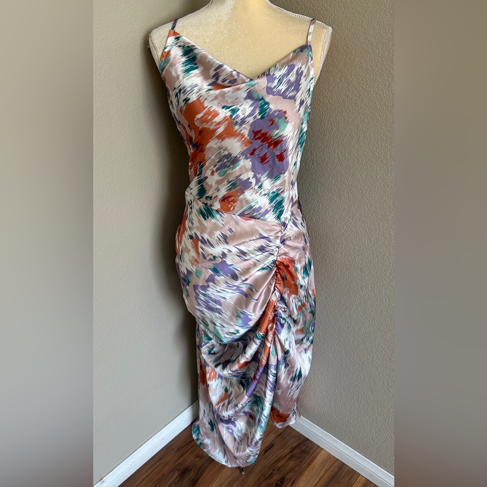 Cider Satin Slip Maxi Dress in Pink Multi Watercolor size L